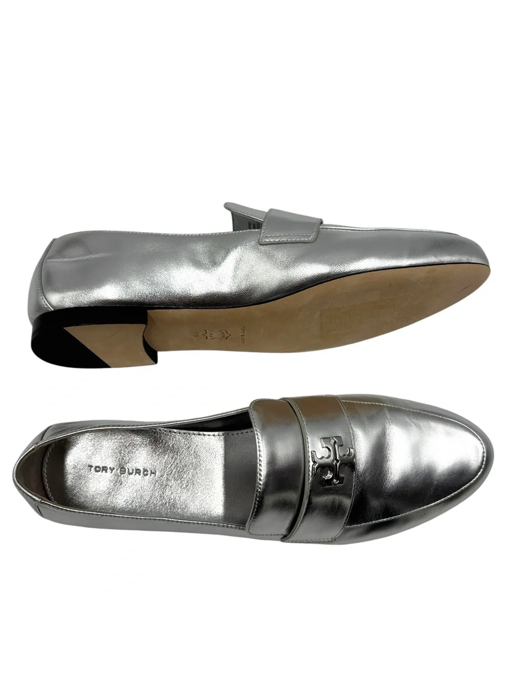Tory Burch Silver Metallic Mini Everly Leather Loafer Flats Size 10.5